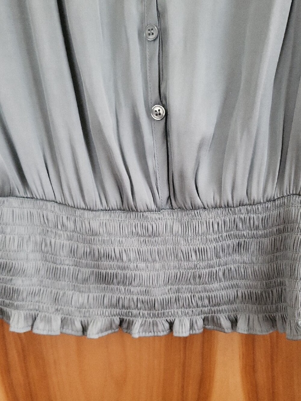 Elie Tahari Dove Blue Satin Button-Front Blouse with Ruffle Collar - Picture 3 of 5